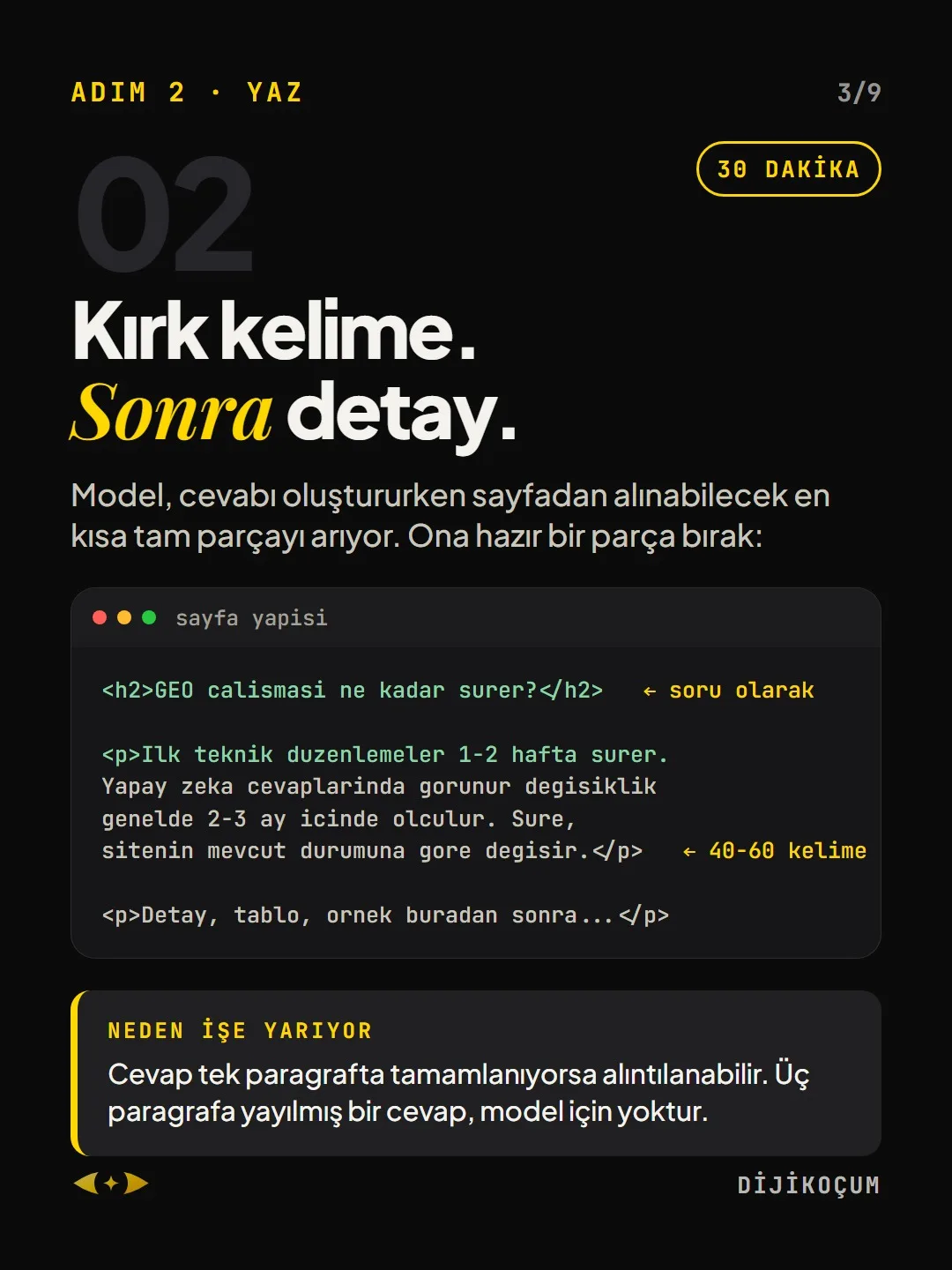 Adım 2 · Yaz: Kırk kelime. Sonra detay.