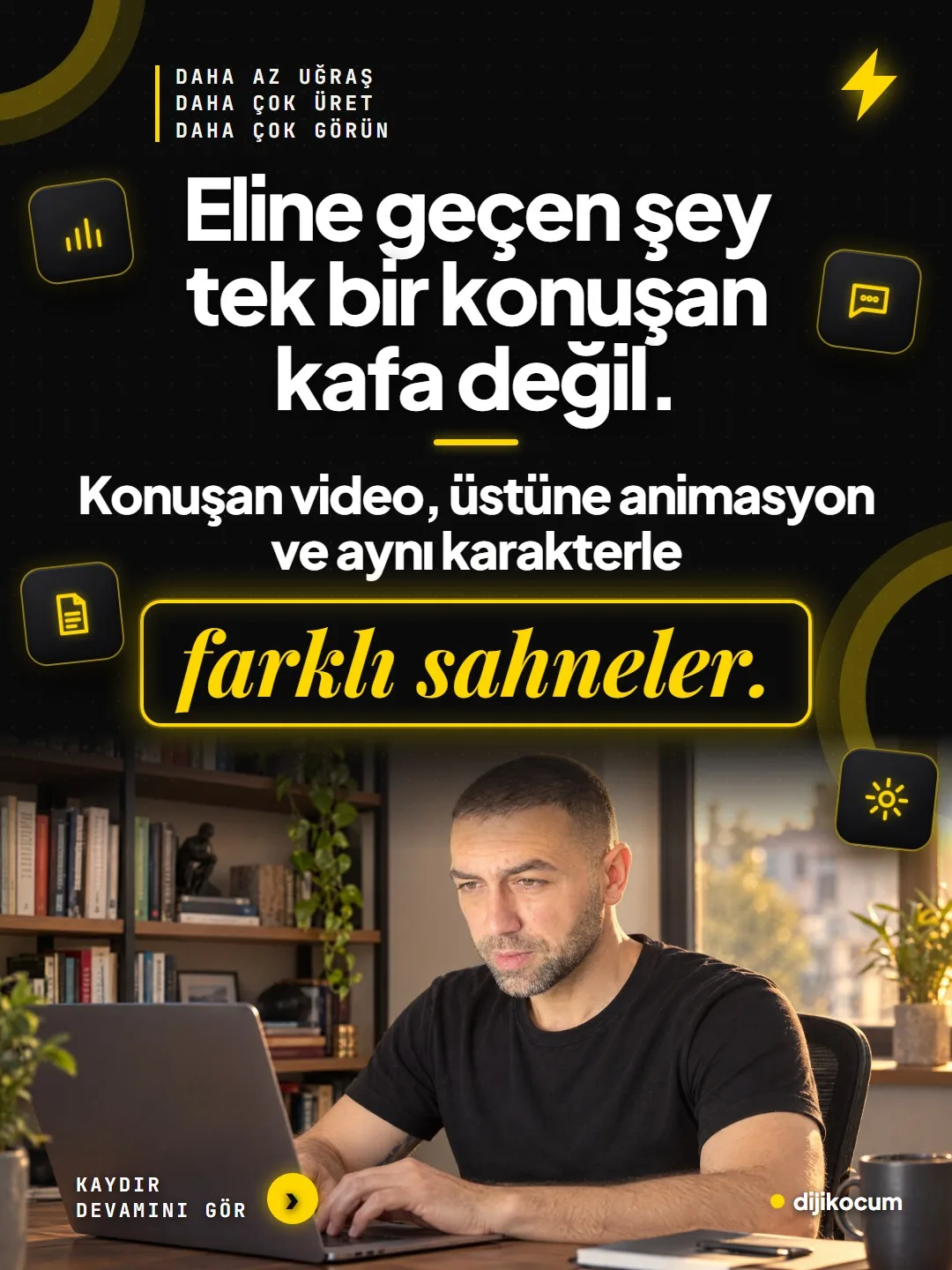 Eline geçen şey tek bir konuşan kafa değil: konuşan video, üstüne animasyon ve aynı karakterle farklı sahneler.