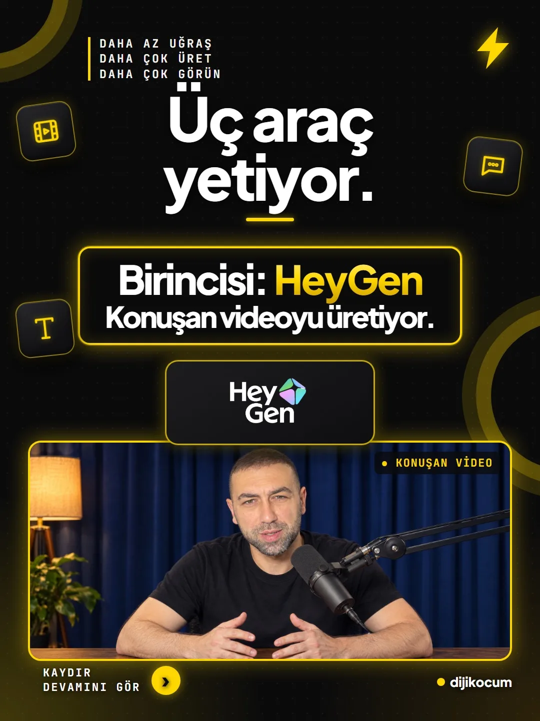 Üç araç yetiyor. Birincisi HeyGen: konuşan videoyu üretiyor. Stüdyoda konuşan karakter.