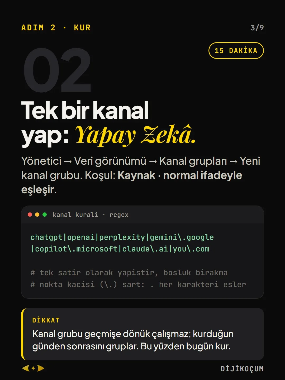Adım 2 · Kur: Tek bir kanal yap: Yapay Zekâ.