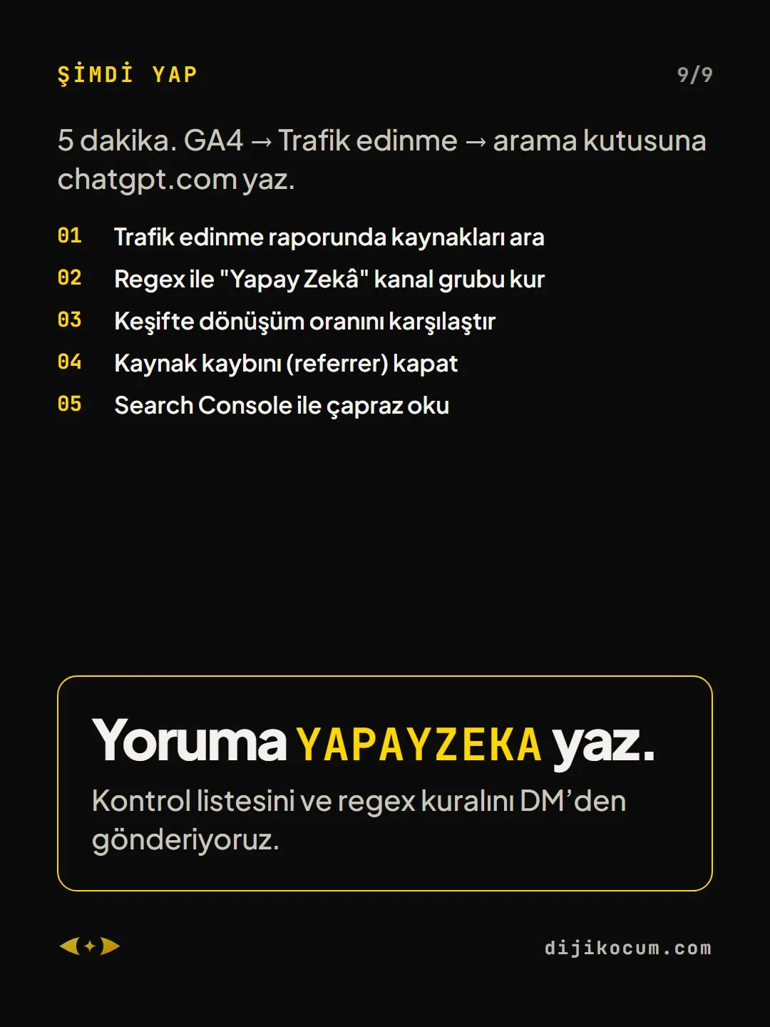 Kapanış: Yoruma YAPAYZEKA yaz. Kontrol listesini ve regex kuralını DM’den gönderiyoruz.