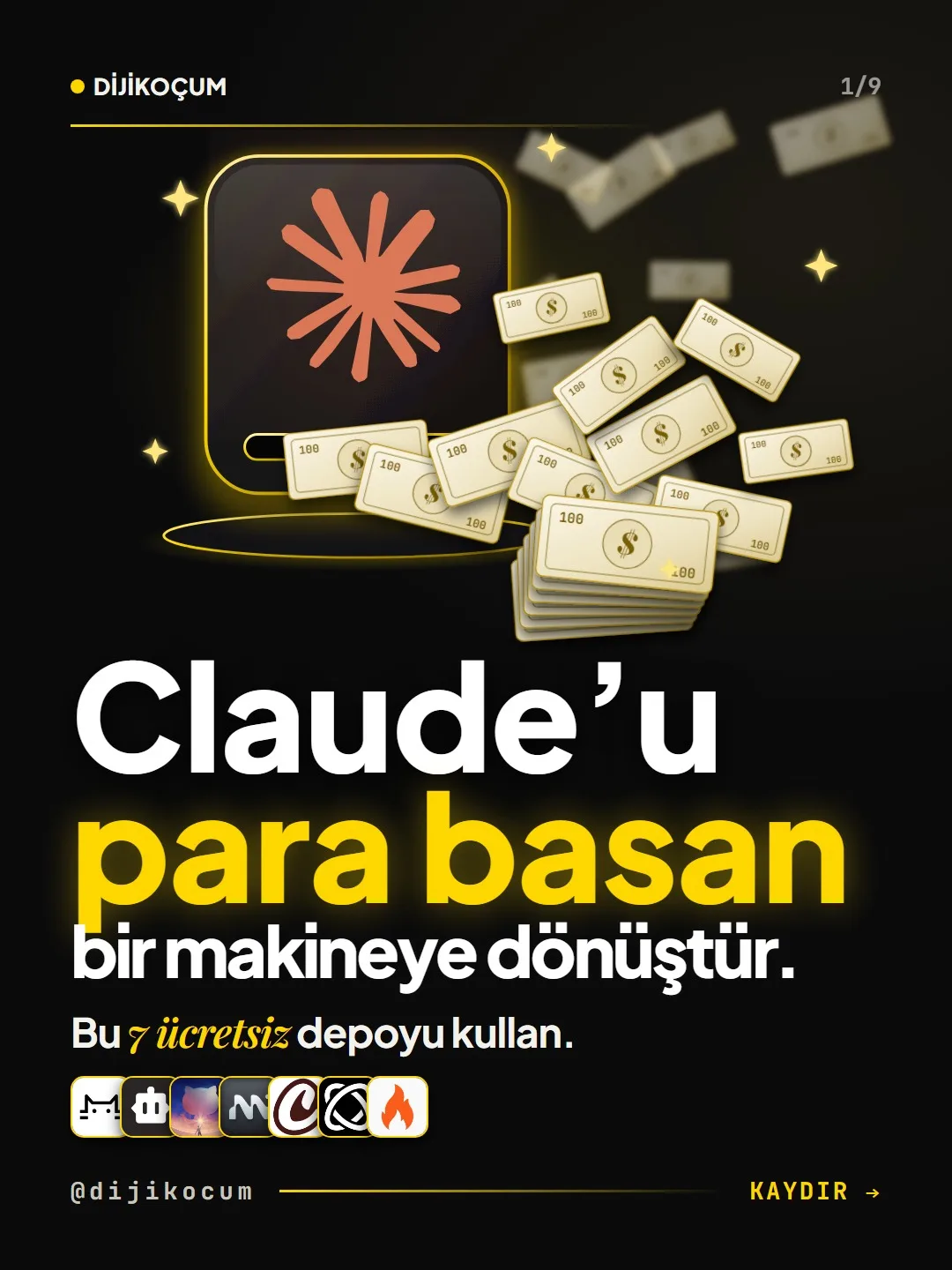 Kapak: Claude'u para basan bir makineye dönüştür, bu 7 ücretsiz depoyu kullan. Yedi deponun logoları.