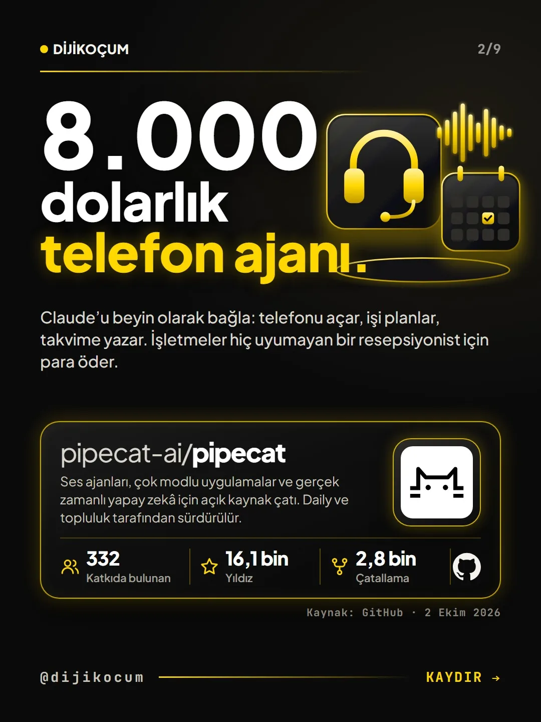 pipecat deposu kartı: Claude'u beyin olarak bağlayıp telefonu açan, işi planlayıp takvime yazan ses ajanı. GitHub'da 16,1 bin yıldız, 332 katkıda bulunan.