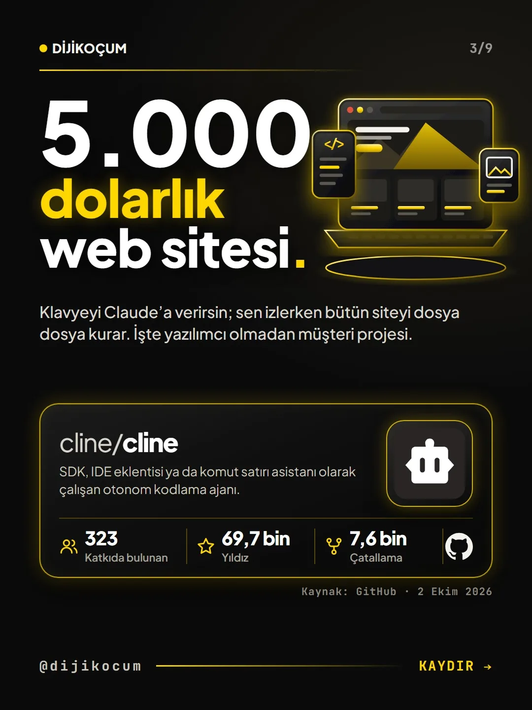 cline deposu kartı: klavyeyi Claude'a verip siteyi dosya dosya kurduran otonom kodlama ajanı. GitHub'da 69,7 bin yıldız.