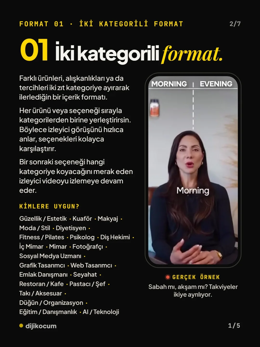 Format 01, iki kategorili format: ürünleri ya da tercihleri iki zıt kategoriye ayırma, uygun meslekler listesi ve gerçek örnek: sabah mı, akşam mı, takviyeler ikiye ayrılıyor. Video sayfasından kare.