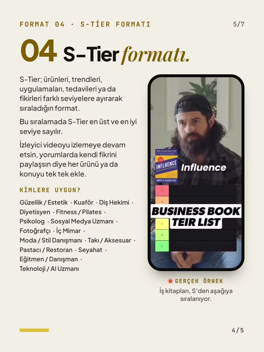 Format 04, S-Tier formatı: ürünleri ya da fikirleri S'den aşağıya seviyelere ayırarak sıralama; gerçek örnekte iş kitapları. Video sayfasından kare.