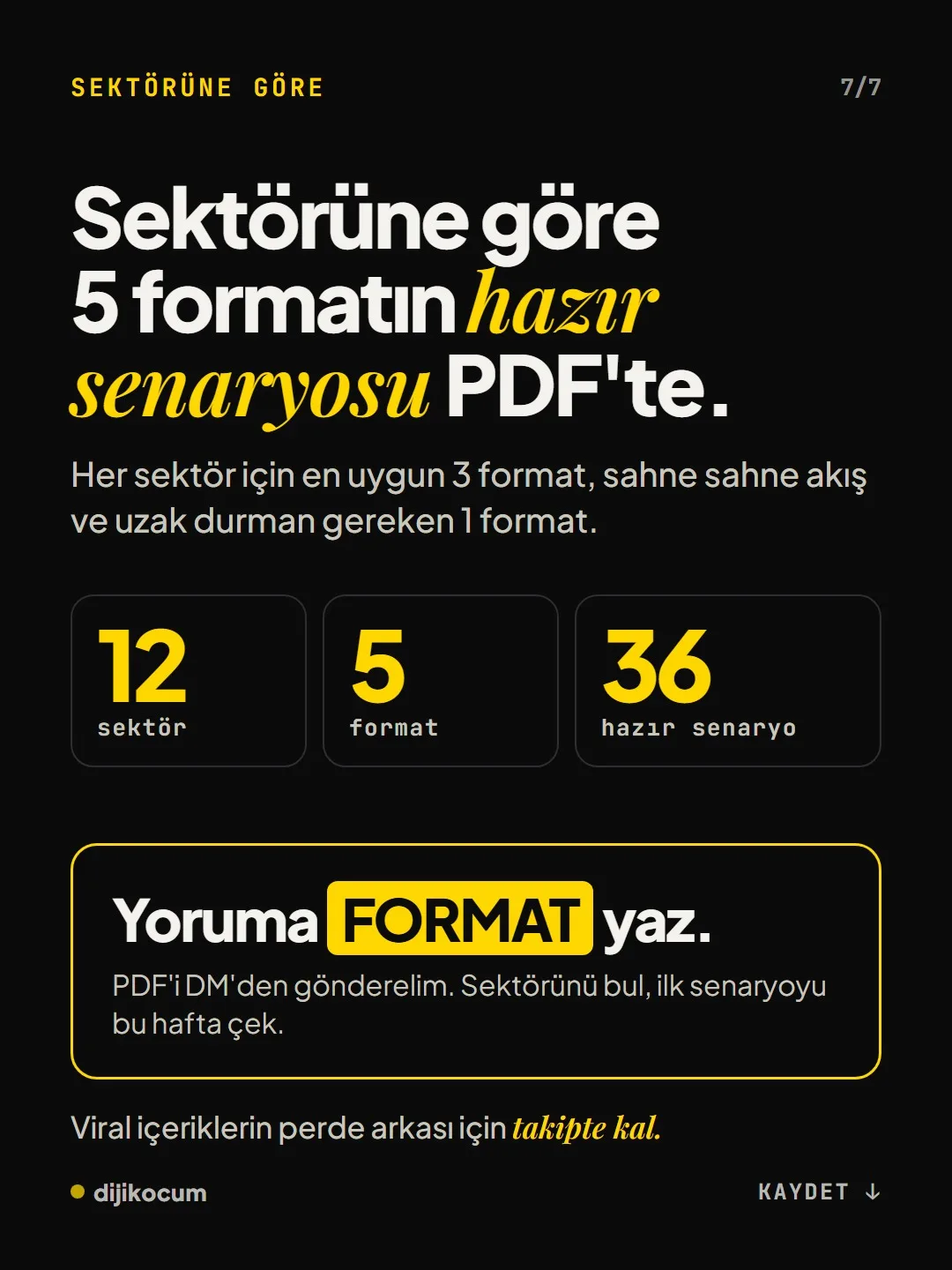 Kapanış: sektörüne göre 5 formatın hazır senaryosu PDF'te. 12 sektör, 5 format, 36 hazır senaryo; yoruma FORMAT yaz.