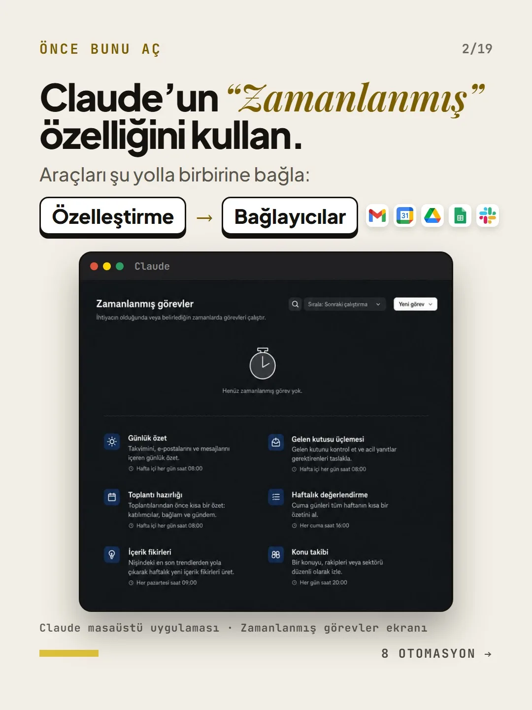Önce bunu aç: Claude'un Zamanlanmış özelliği ve araçları Özelleştirme, Bağlayıcılar yolundan bağlama. Gmail, Takvim, Drive, Sheets ve Slack simgeleri, zamanlanmış görevler ekranı.