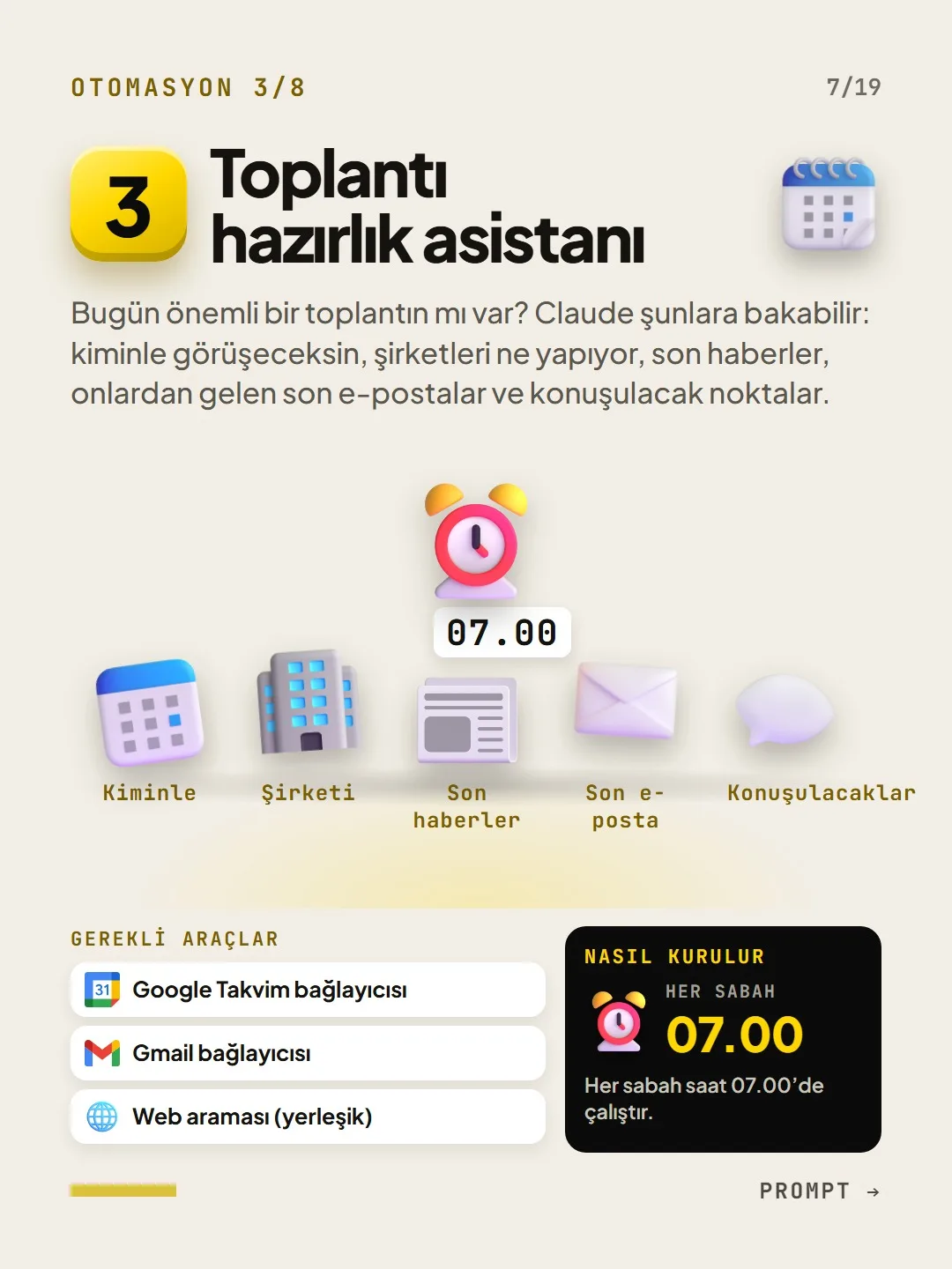 Otomasyon 3, toplantı hazırlık asistanı: her sabah 07.00'de kiminle görüşeceğin, şirketi, son haberler, son e-posta ve konuşulacaklar.