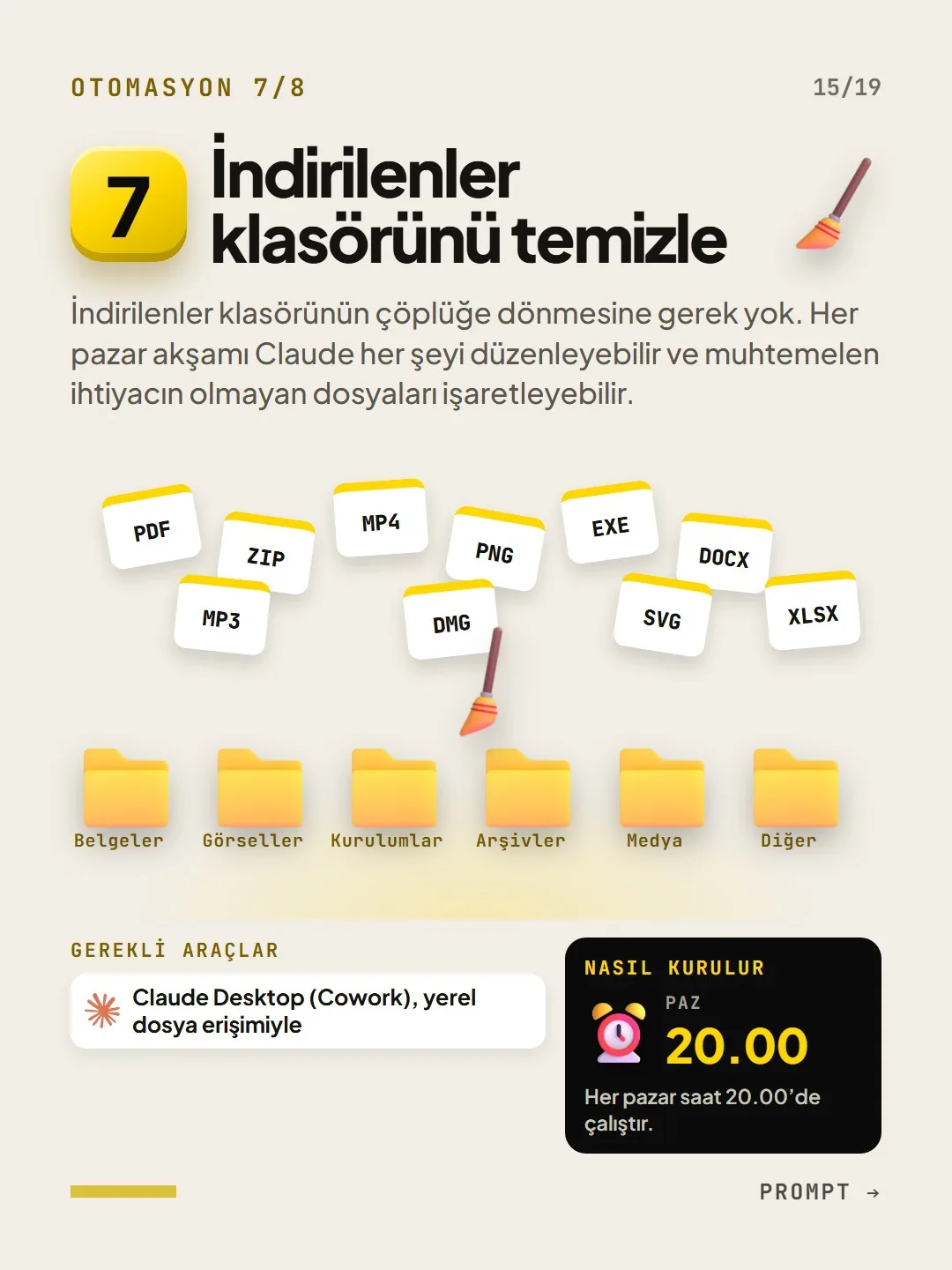 Otomasyon 7, indirilenler klasörünü temizle: her pazar 20.00'de dosyaları türüne göre belgeler, görseller, kurulumlar, arşivler ve medya klasörlerine ayırır.