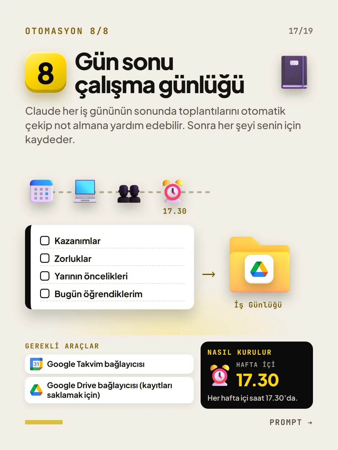 Otomasyon 8, gün sonu çalışma günlüğü: hafta içi 17.30'da kazanımlar, zorluklar, yarının öncelikleri ve öğrenilenler.