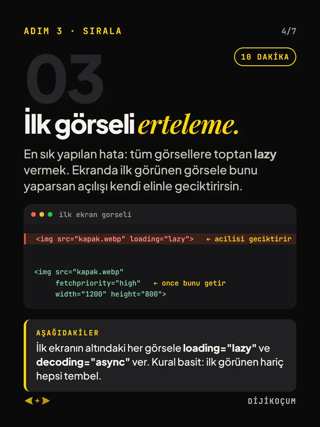 Adım 3 · Sırala: İlk görseli erteleme.