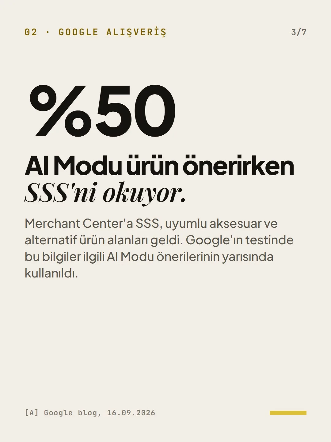 02 · Google Alışveriş: AI Modu ürün önerirken SSS'ni okuyor.