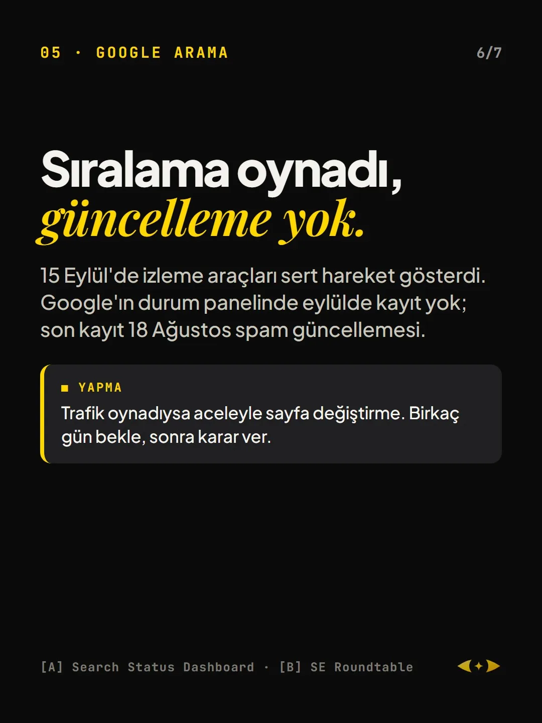 05 · Google Arama: Sıralama oynadı, güncelleme yok.