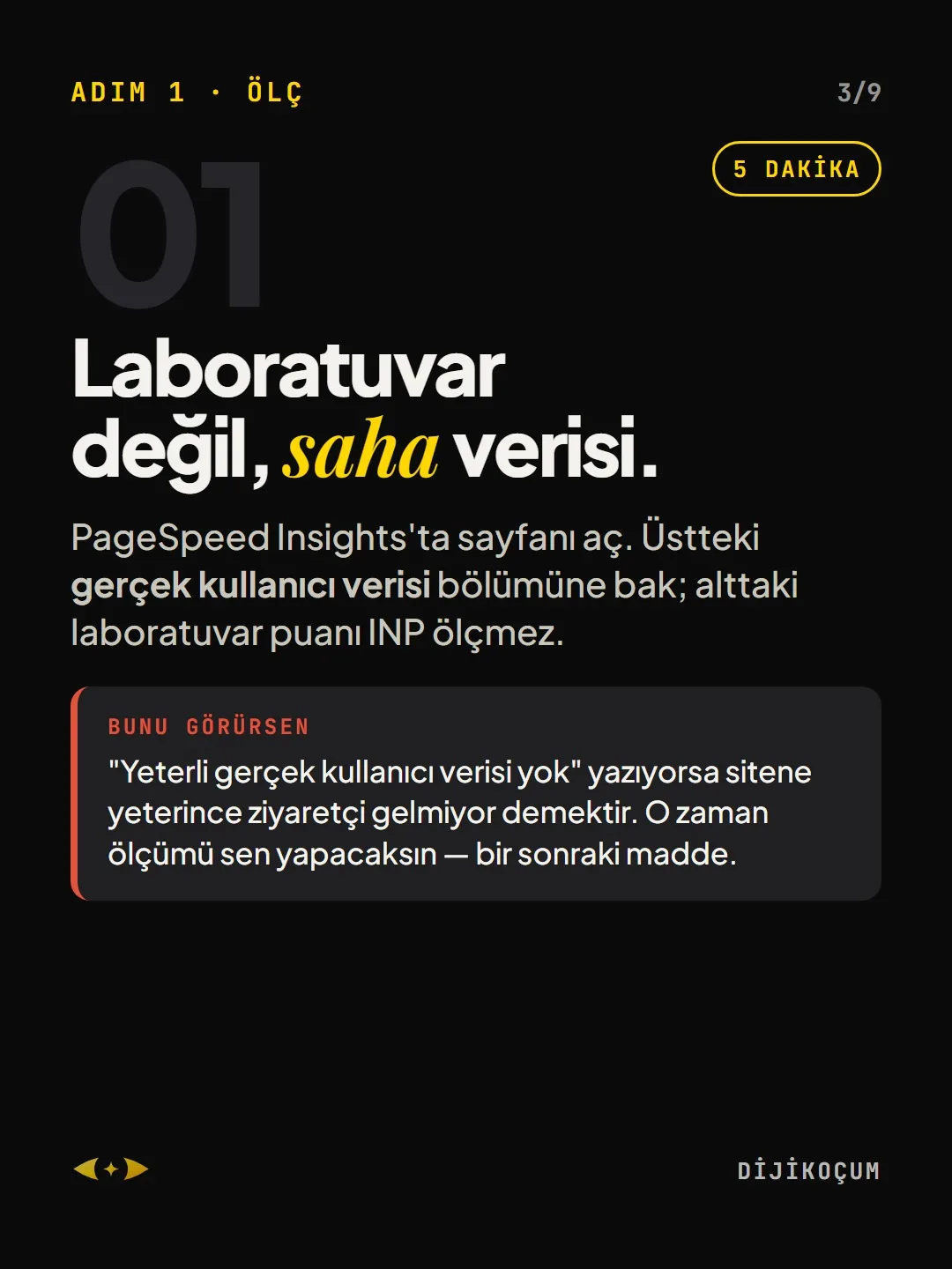 Adım 1 · Ölç: Laboratuvar değil, saha verisi.