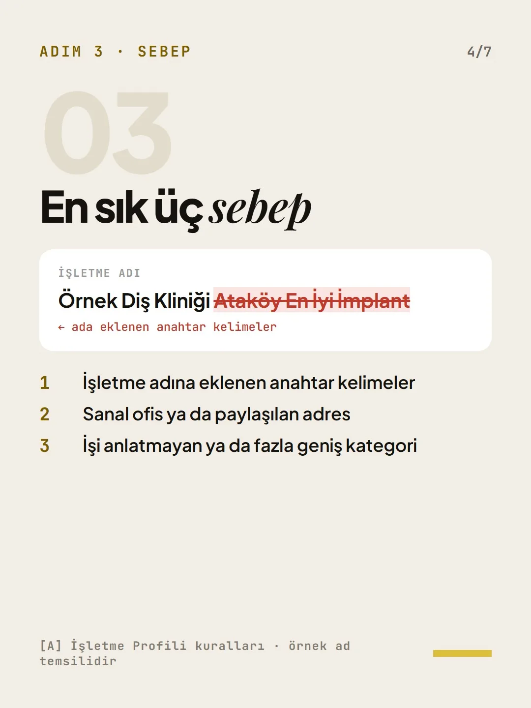 Adım 3: En sık üç sebep; ada eklenen anahtar kelime örneği.