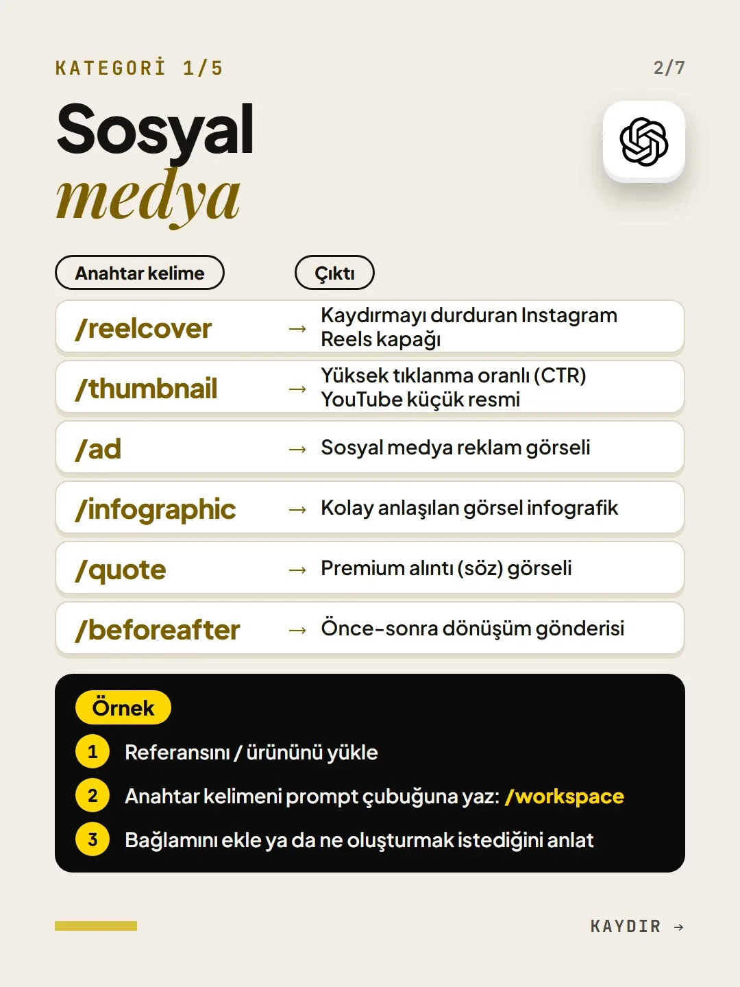 Kategori 1, sosyal medya: /reelcover, /thumbnail, /ad, /infographic, /quote, /beforeafter anahtar kelimeleri ve çıktıları; kullanım için 3 adım.