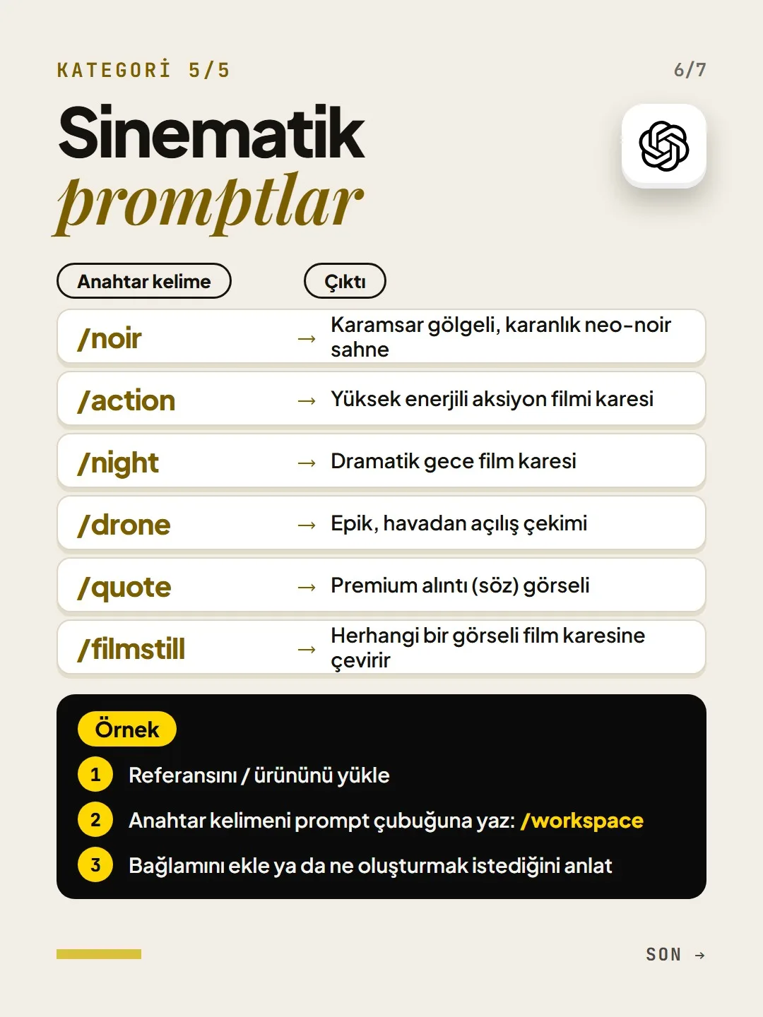Kategori 5, sinematik: /noir, /action, /night, /drone, /quote, /filmstill anahtar kelimeleri ve çıktıları.