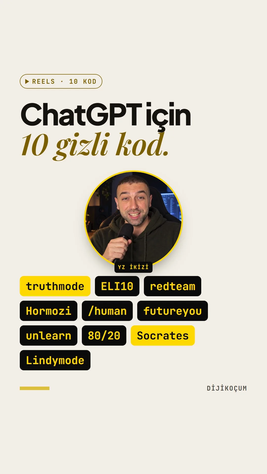 Reels kapağı: ChatGPT için 10 gizli kod. Yapay zekâ ikizi etiketli portre ve truthmode, ELI10, redteam, Hormozi, /human, futureyou, unlearn, 80/20, Socrates, Lindymode etiketleri.