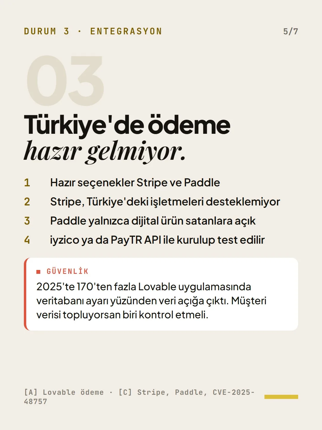 Durum 3 · Entegrasyon: Türkiye'de ödeme hazır gelmiyor.