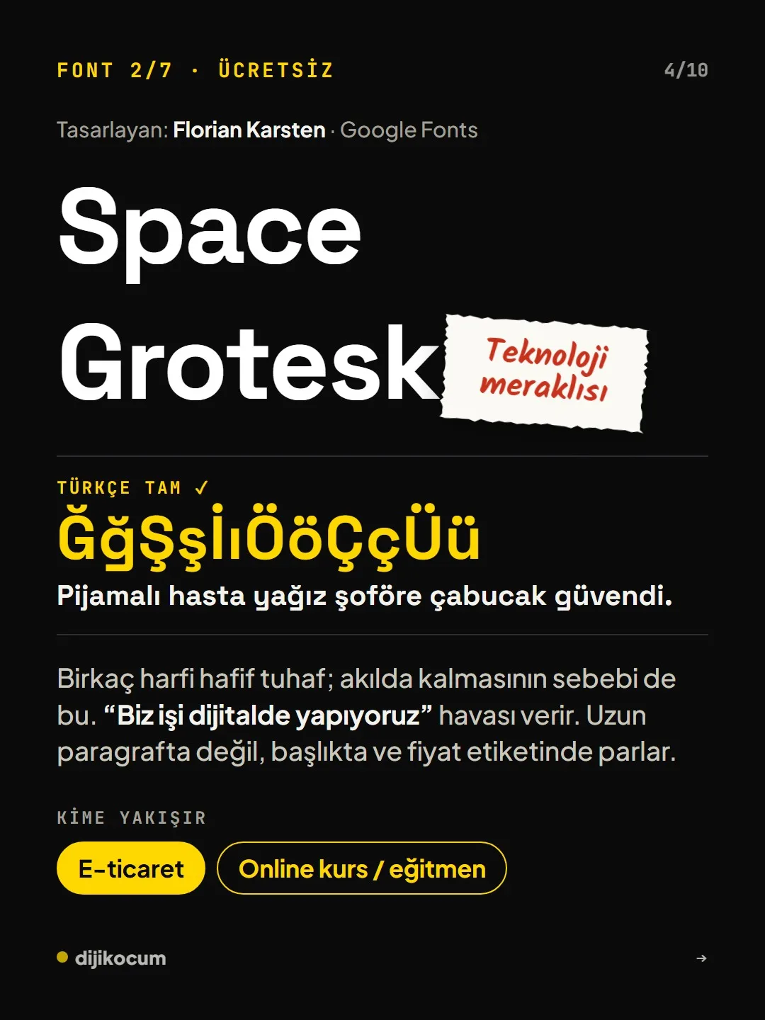 Font 2/7, Space Grotesk, teknoloji meraklısı: birkaç harfi hafif tuhaf, başlıkta ve fiyat etiketinde parlar. Kime yakışır: e-ticaret, online kurs.