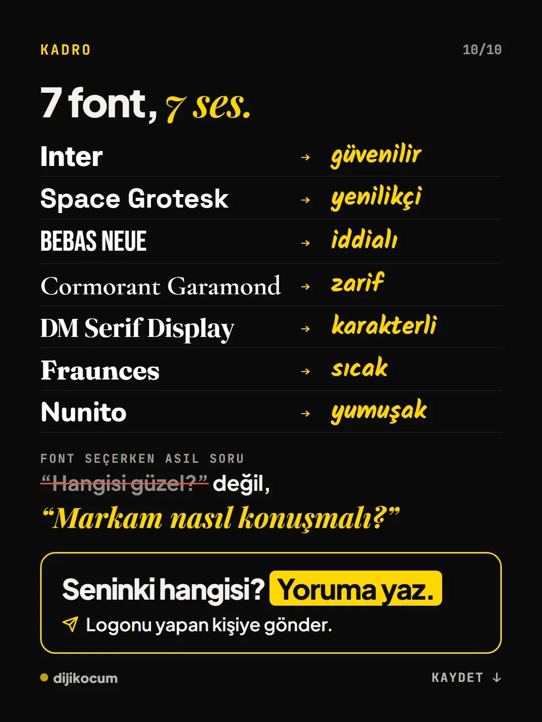 Kadro: 7 font, 7 ses. Inter güvenilir, Space Grotesk yenilikçi, Bebas Neue iddialı, Cormorant Garamond zarif, DM Serif Display karakterli, Fraunces sıcak, Nunito yumuşak. Asıl soru: markam nasıl konuşmalı?