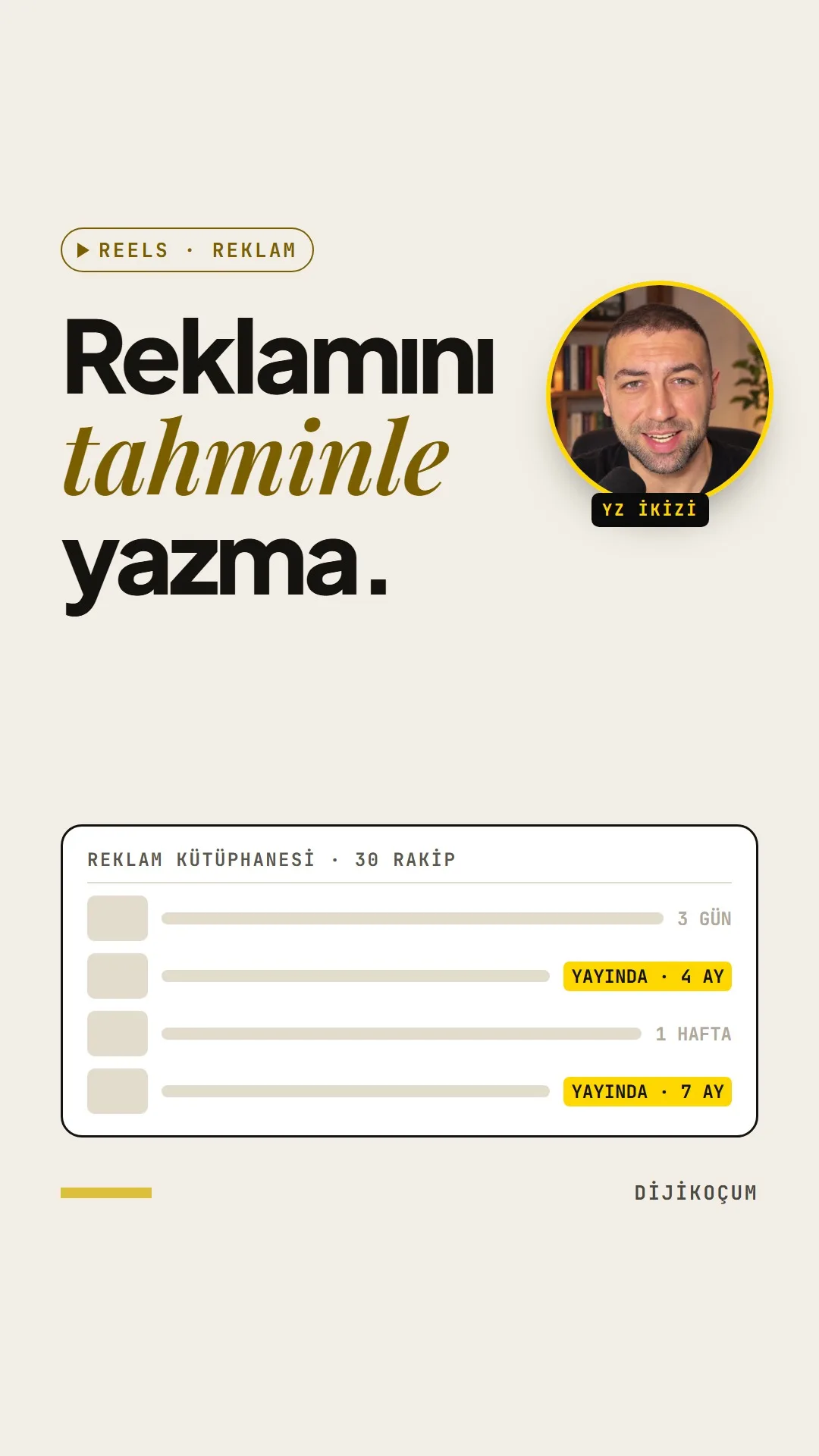 Reels kapağı: Reklamını tahminle yazma. Yapay zekâ ikizi etiketli portre ve Reklam Kütüphanesi'nde 30 rakip; 4 ay ve 7 aydır yayında olan reklamlar işaretli.