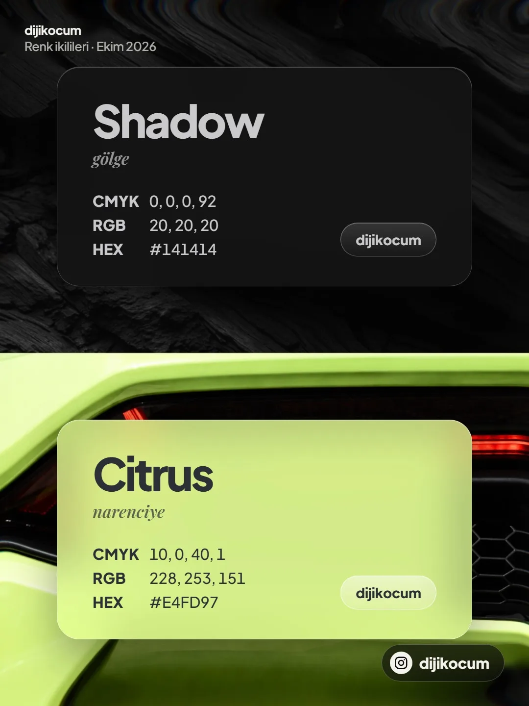 İkinci ikili: Shadow ve Citrus kartları alt alta, kodlarıyla.