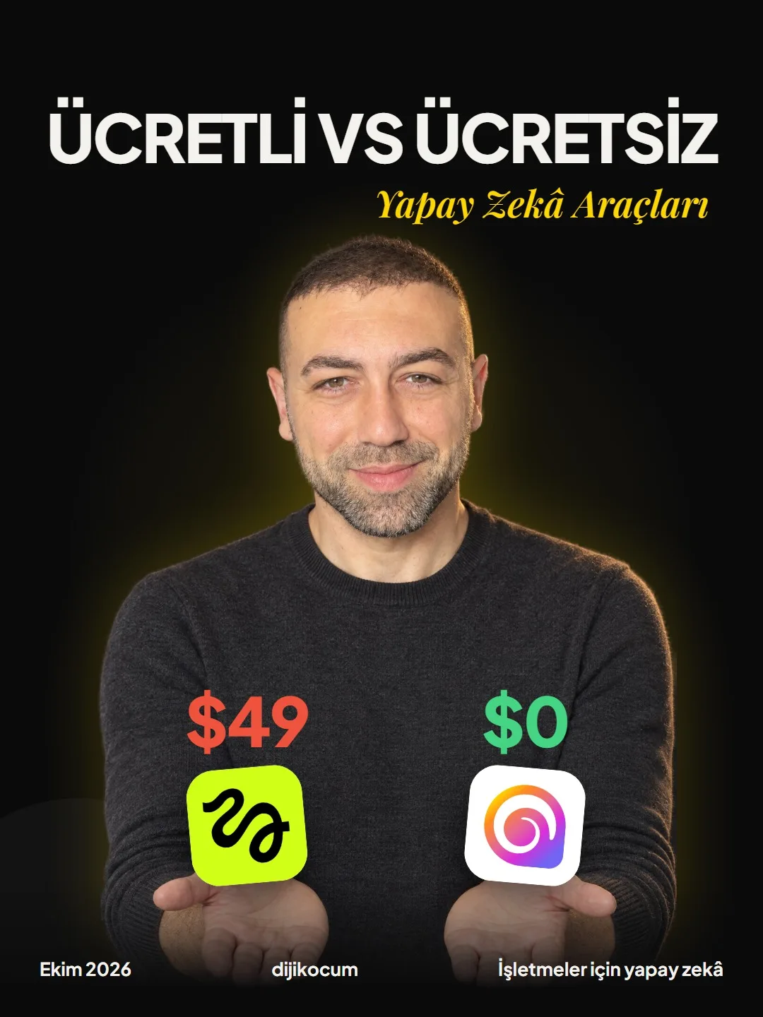 Kapak: Ücretli ve ücretsiz yapay zekâ araçları, Ekim 2026. Higgsfield $49 ve Hailuo $0 logoları.