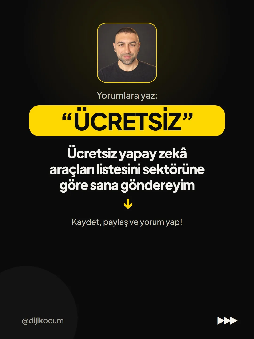 Kapanış: yorumlara ÜCRETSİZ yaz, ücretsiz yapay zekâ araçları listesini sektörüne göre göndereyim. Kaydet, paylaş ve yorum yap.