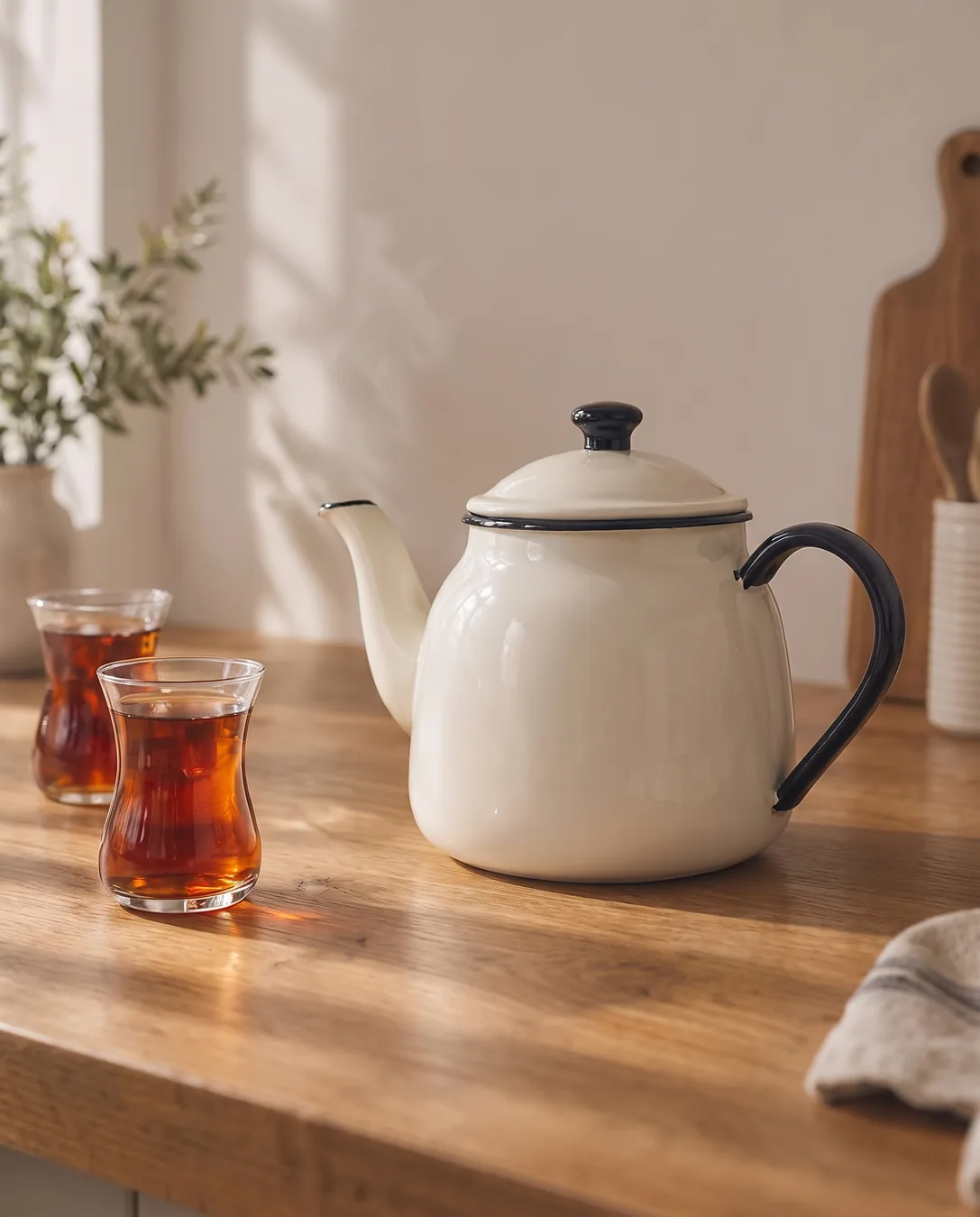 Çıktı: aynı çaydanlık ve çay bardakları net, ahşap damarı ve ışık hüzmeleri belirgin