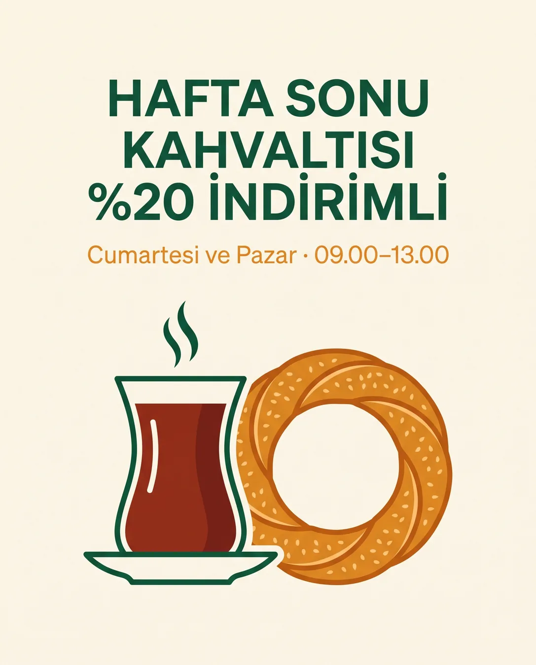 Çıktı (Nano Banana 2, aynı prompt): aynı başlık ve alt satır yeşil ve turuncu, ince çizgili çay bardağı ve susamlı simit çizimi