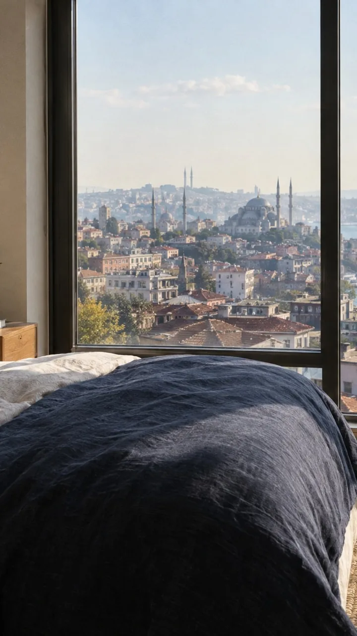Girdi: lacivert keten örtülü yatak ve geniş pencereden İstanbul manzarası